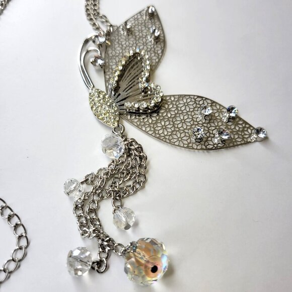 Filigree Butterfly Pendant Necklace with Aurora Borealis colourful Rhinestones - Picture 9 of 13